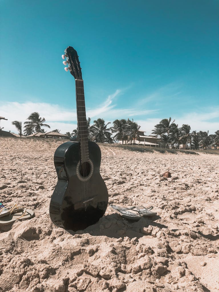 A black acoustic guitar stands on a sandy beach with palm trees and a clear blue sky.